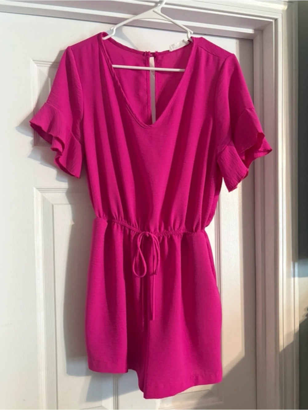 First Love Hot Pink Short Sleeve V-Neck Drawstring Romper